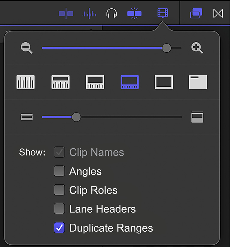 Figure 1.9: This popup lets you control the appearance of clips on your timeline — use ⌘minus and ⌘plus for zoom, and ⇧⌘minus and ⇧⌘plus for clip height