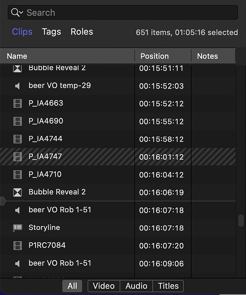 Figure 10.55: The Timeline Index, showing clips, duplicate ranges, transitions, and the playhead in the current timeline