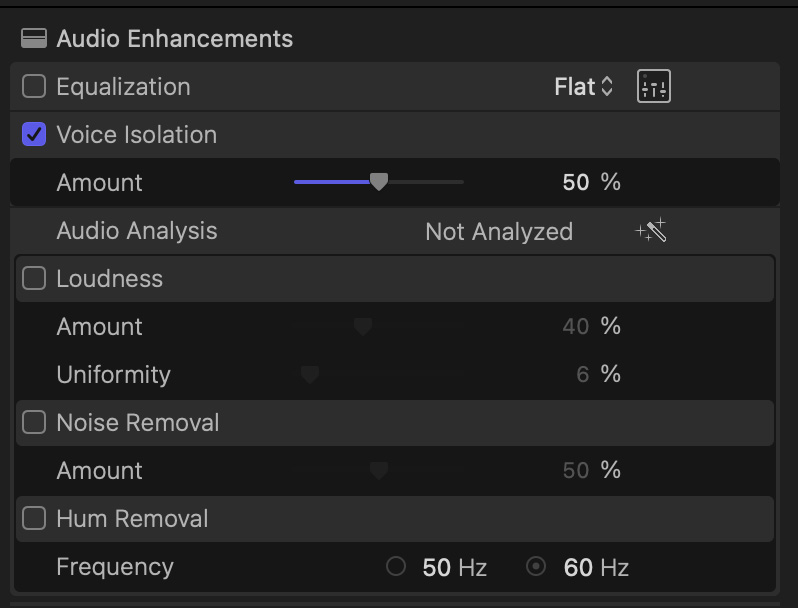 Figure 14.32: The Audio Enhancements section of the Inspector